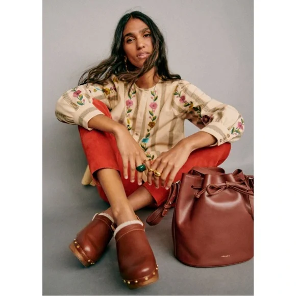 SEZANE Yellow Ecru Pink Striped Floral Embroidered Button Down Aina Blouse Shirt - Picture 3 of 16